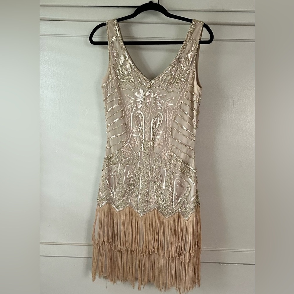 Babeyond Floral Beaded Flapper Dress (S) pale champagne